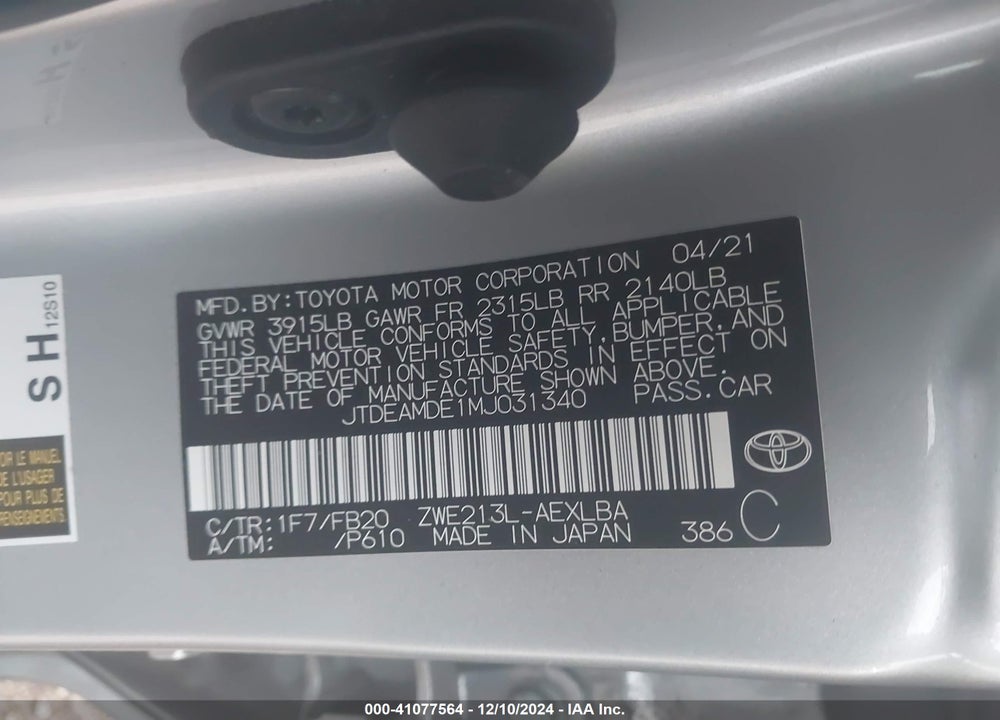 2021 TOYOTA COROLLA VIN: JTDEAMDE1MJ031340