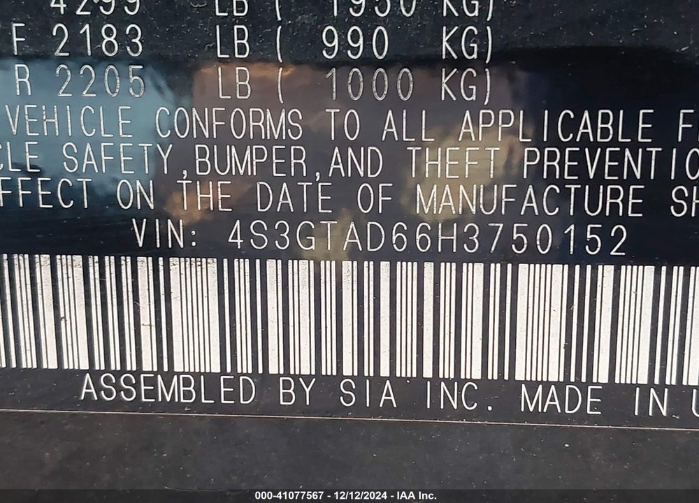2017 SUBARU IMPREZA VIN: 4S3GTAD66H3750152