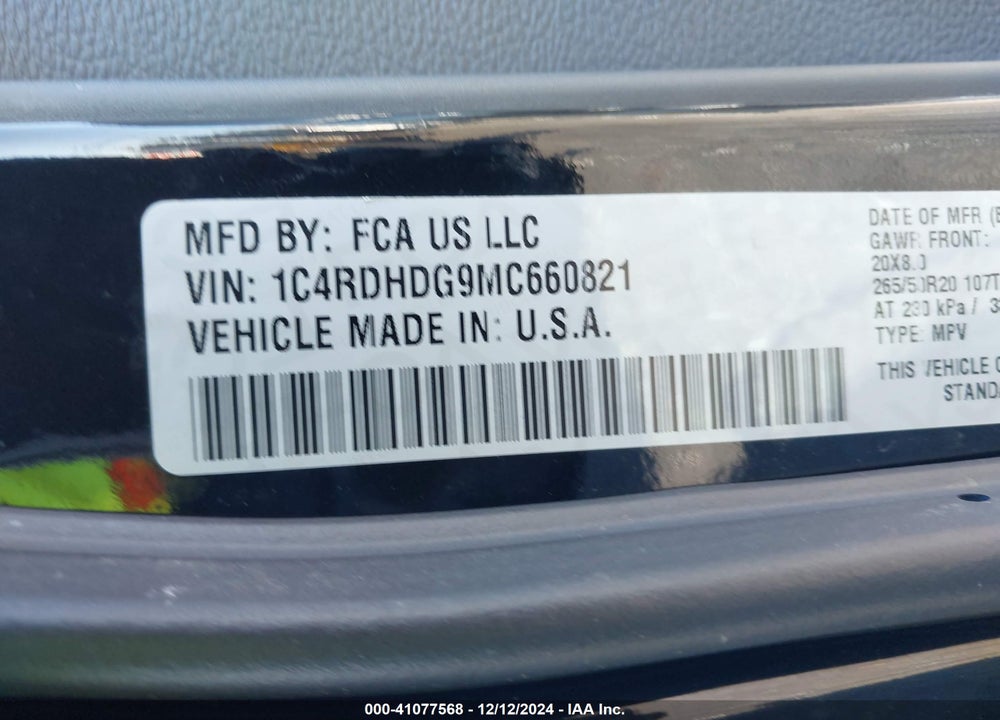 2021 DODGE DURANGO GT RWD VIN: 1C4RDHDG9MC660821