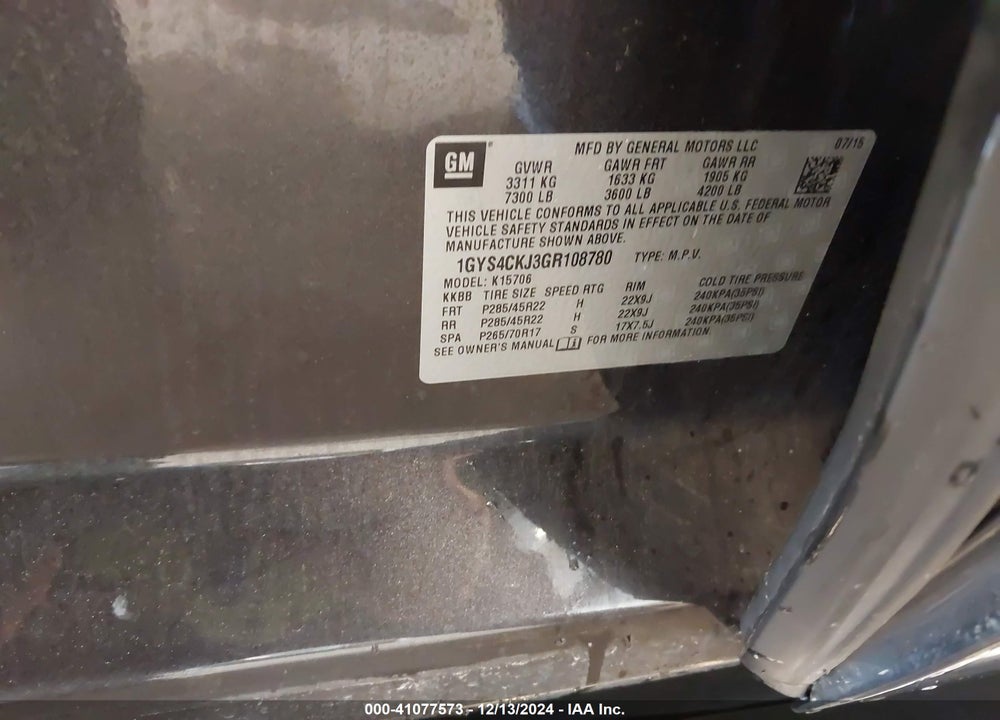 2016 CADILLAC ESCALADE VIN: 1GYS4CKJ3GR108780