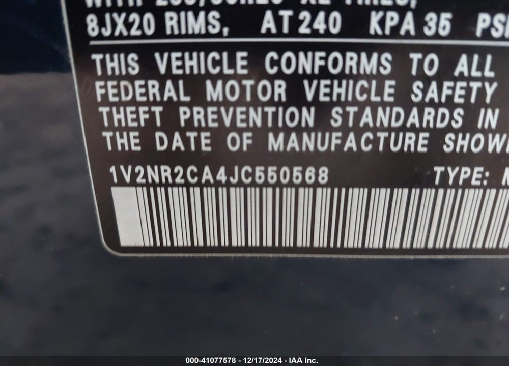 2018 VOLKSWAGEN ATLAS 3.6L V6 SEL PREMIUM VIN: 1V2NR2CA4JC550568