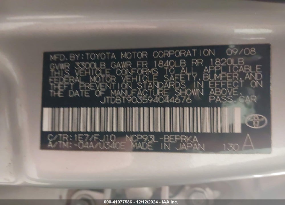 2009 TOYOTA YARIS VIN: JTDBT903594044676