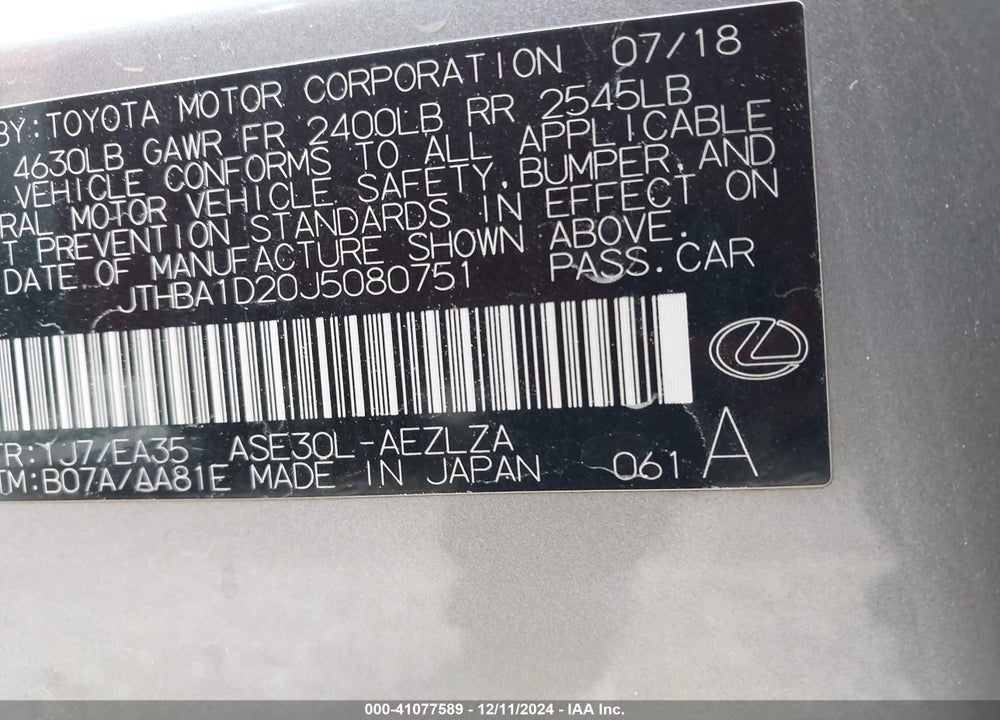2018 LEXUS IS 300 VIN: JTHBA1D20J5080751