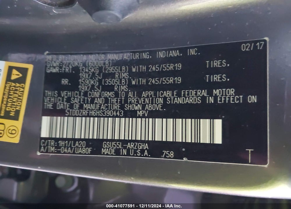 2017 TOYOTA HIGHLANDER LIMITED VIN: 5TDDZRFH6HS390443
