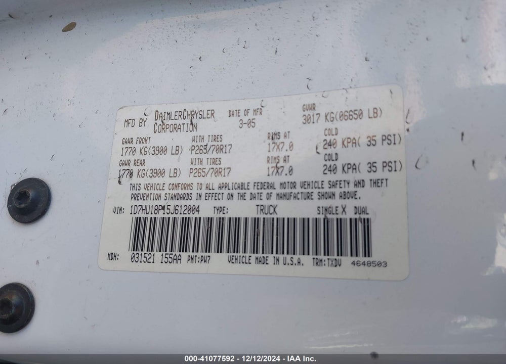 2005 DODGE RAM 1500 ST VIN: 1D7HU18P15J612004