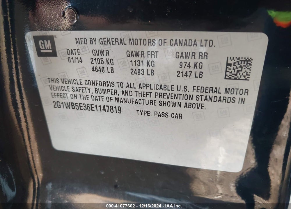 2014 CHEVROLET IMPALA LIMITED LT VIN: 2G1WB5E36E1147819