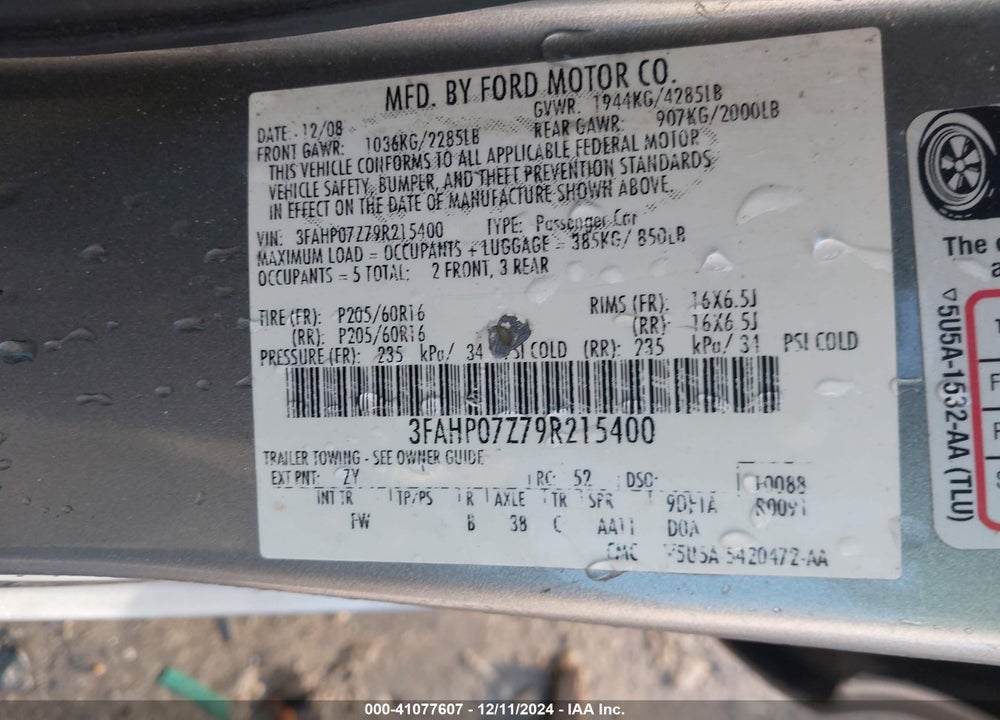 2009 FORD FUSION SE VIN: 3FAHP07Z79R215400