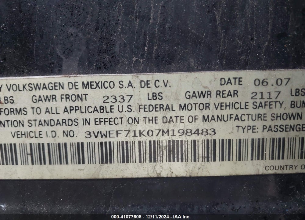 2007 VOLKSWAGEN JETTA WOLFSBURG EDITION VIN: 3VWEF71K07M198483