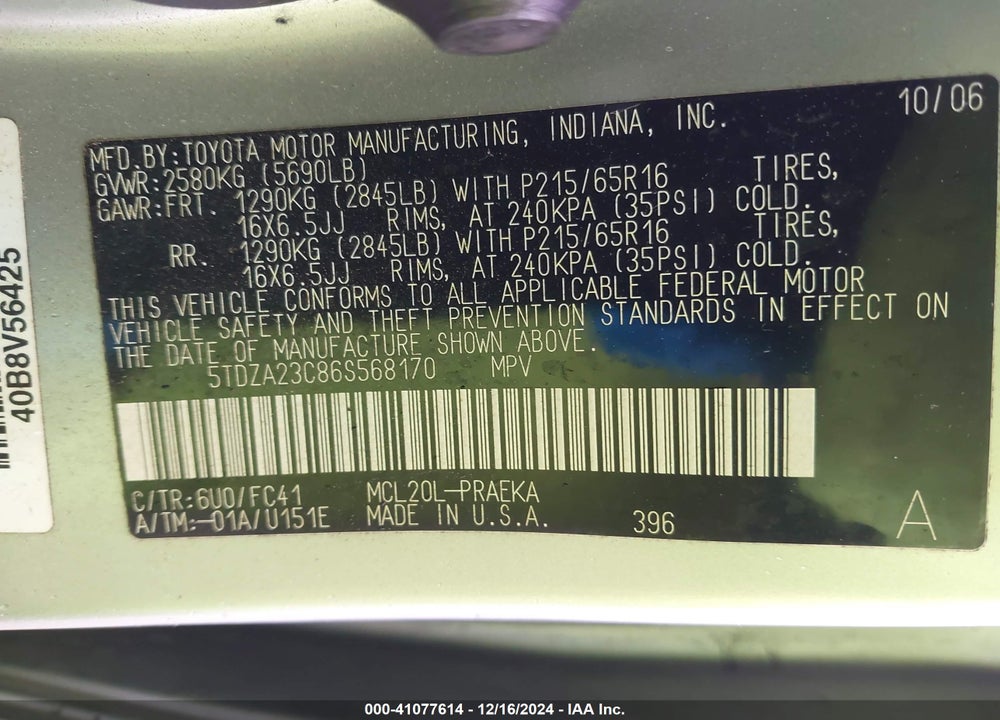 2006 TOYOTA SIENNA LE VIN: 5TDZA23C86S568170