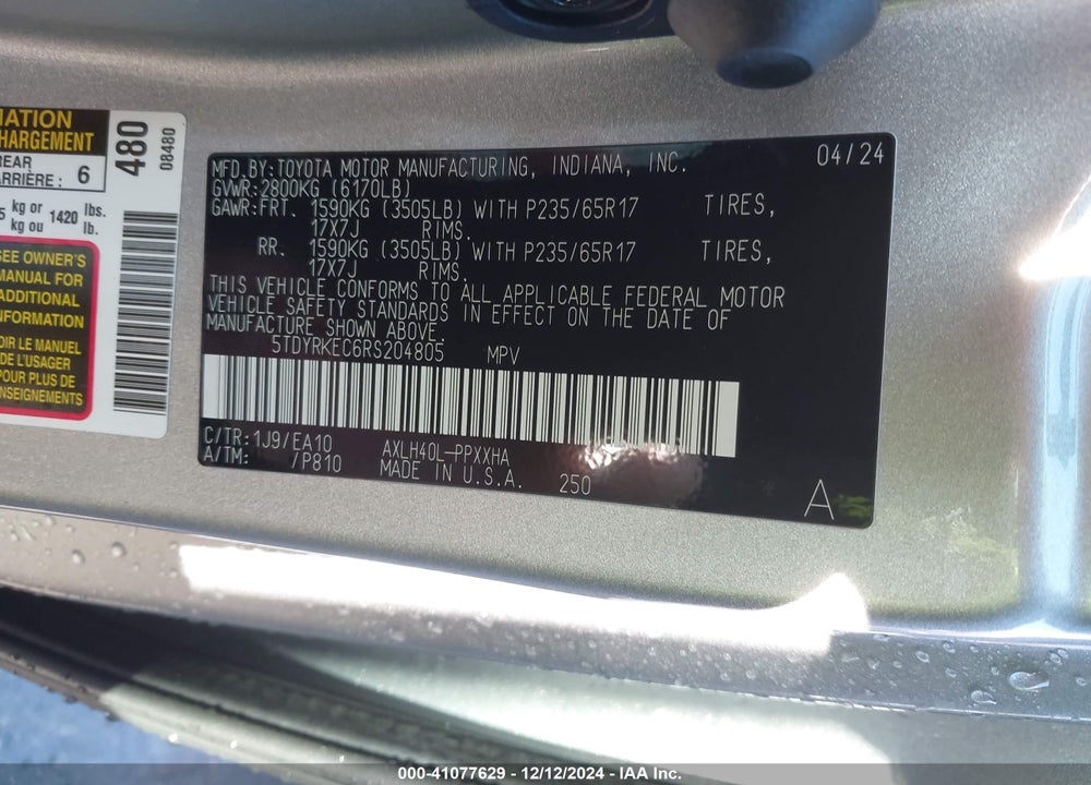 2024 TOYOTA SIENNA XLE VIN: 5TDYRKEC6RS204805