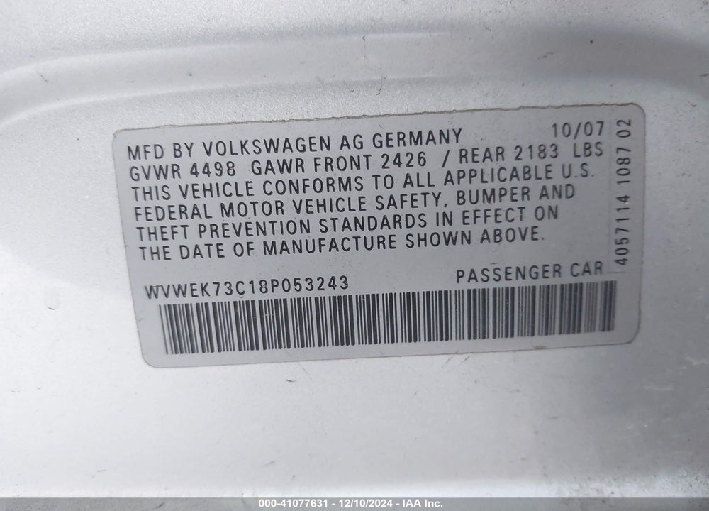 2008 VOLKSWAGEN PASSAT LUX VIN: WVWEK73C18P053243
