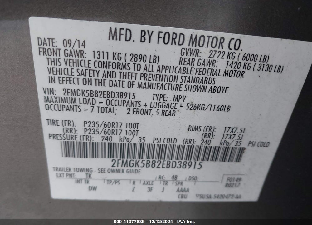 2014 FORD FLEX SE VIN: 2FMGK5B82EBD38915