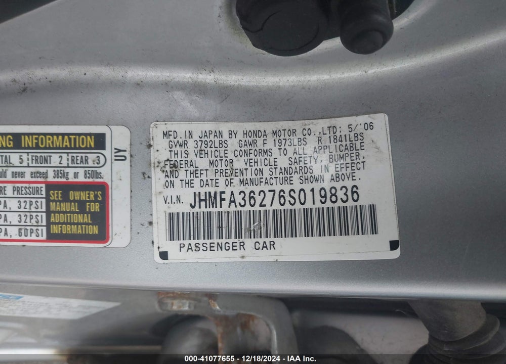 2006 HONDA CIVIC HYBRID VIN: JHMFA36276S019836