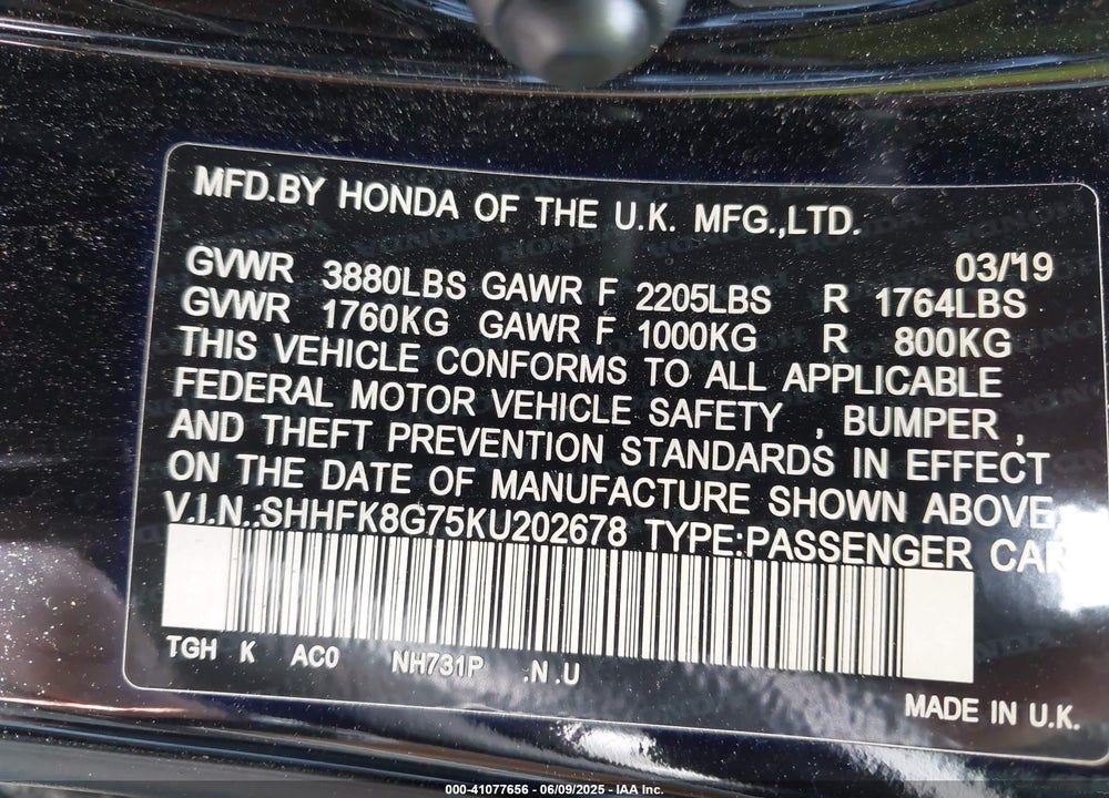 2019 HONDA CIVIC TYPE-R TOURING VIN: SHHFK8G75KU202678