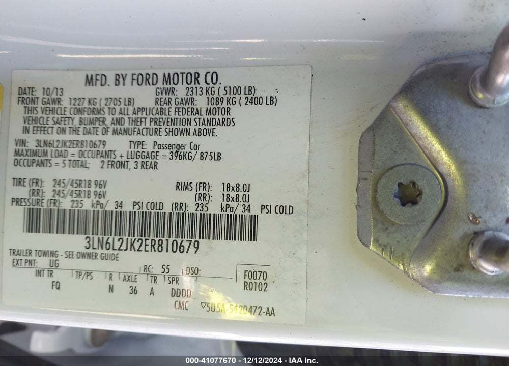 2014 LINCOLN MKZ VIN: 3LN6L2JK2ER810679