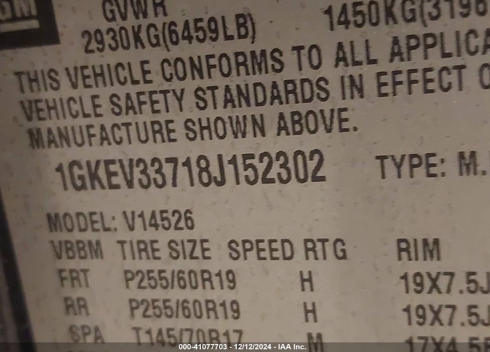2008 GMC ACADIA SLT-2 VIN: 1GKEV33718J152302