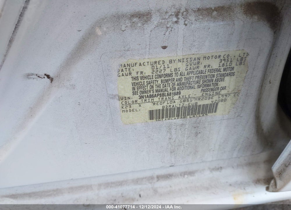 2011 NISSAN SENTRA VIN: 3N1AB6AP8BL681689