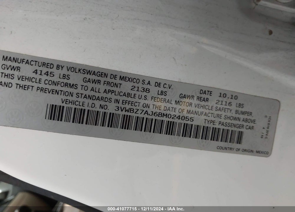 2011 VOLKSWAGEN JETTA 2.5L SE VIN: 3VWBZ7AJ6BM024055