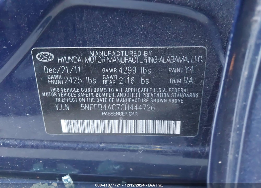 2012 HYUNDAI SONATA GLS VIN: 5NPEB4AC7CH444726
