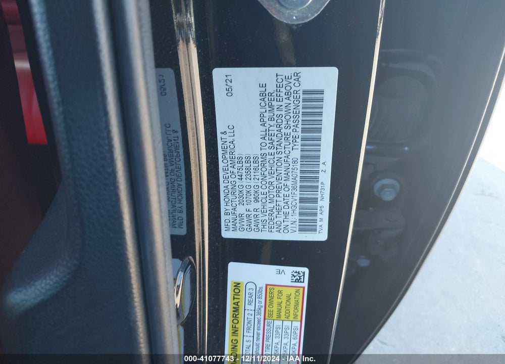 2021 HONDA ACCORD SPORT VIN: 1HGCV1F36MA075180