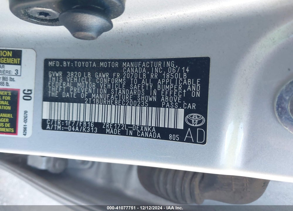 2014 TOYOTA COROLLA LE VIN: 2T1BURHE8EC200235