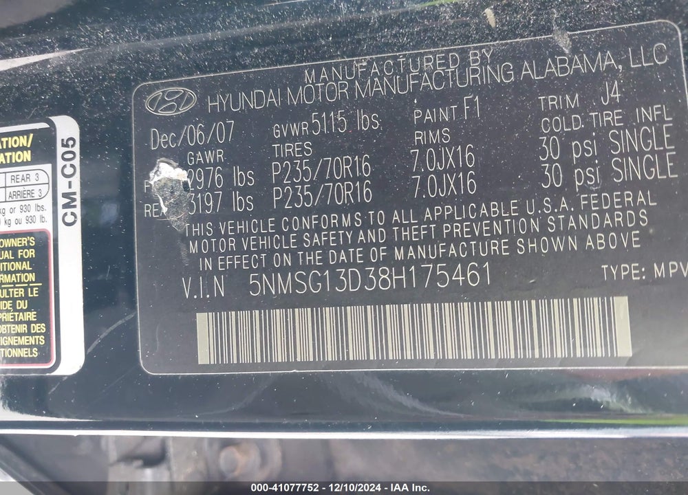 2008 HYUNDAI SANTA FE GLS VIN: 5NMSG13D38H175461