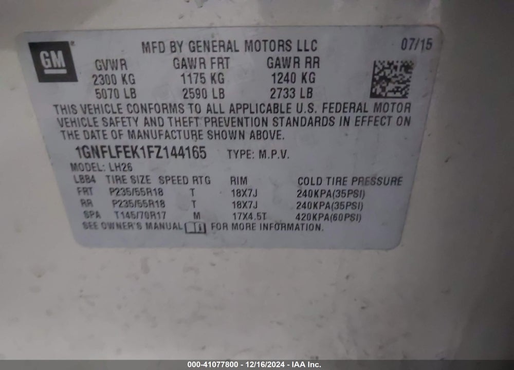 2015 CHEVROLET EQUINOX 1LT VIN: 1GNFLFEK1FZ144165