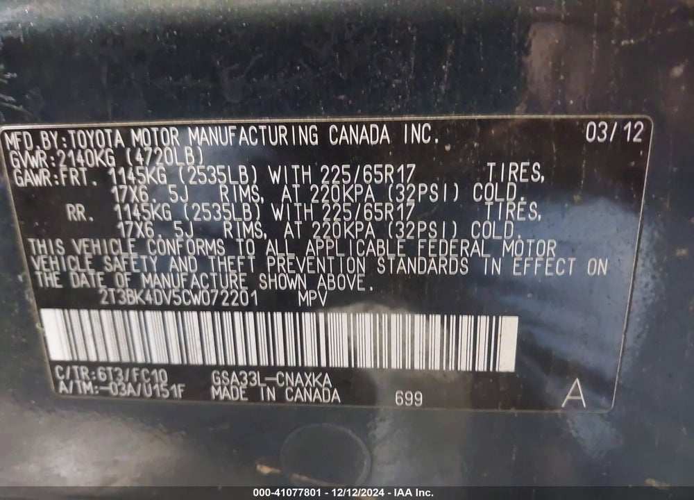 2012 TOYOTA RAV4 BASE V6 VIN: 2T3BK4DV5CW072201