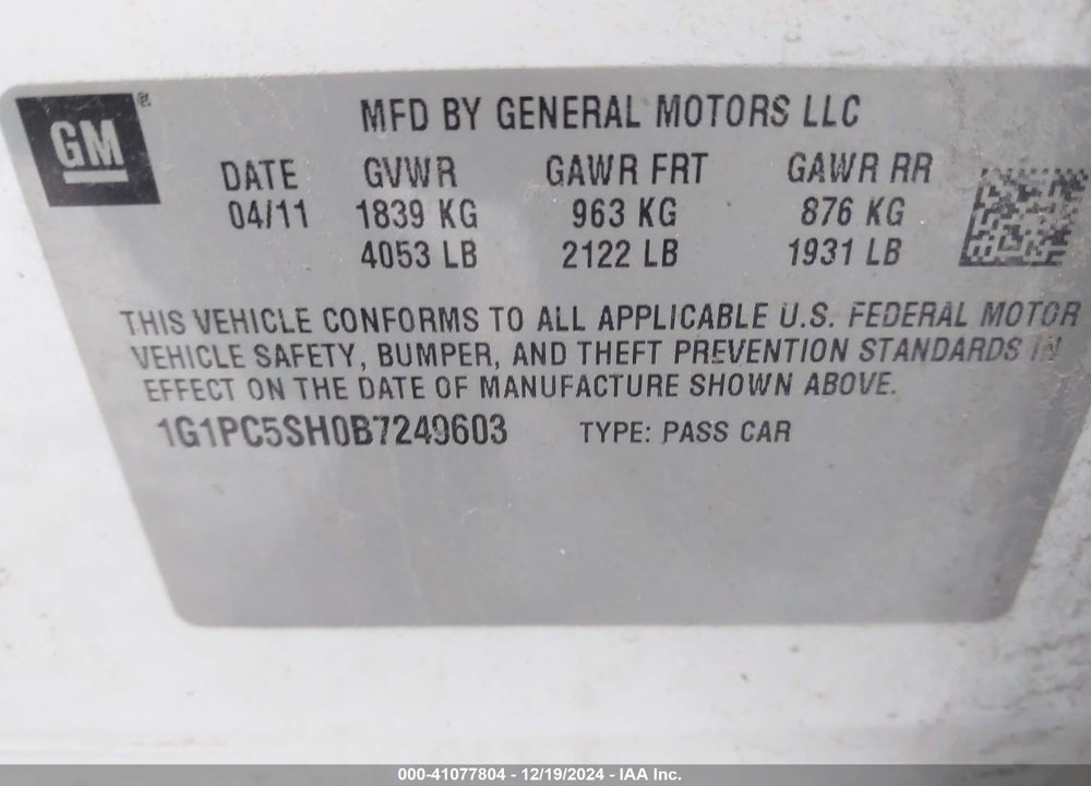 2011 CHEVROLET CRUZE LS VIN: 1G1PC5SH0B7249603