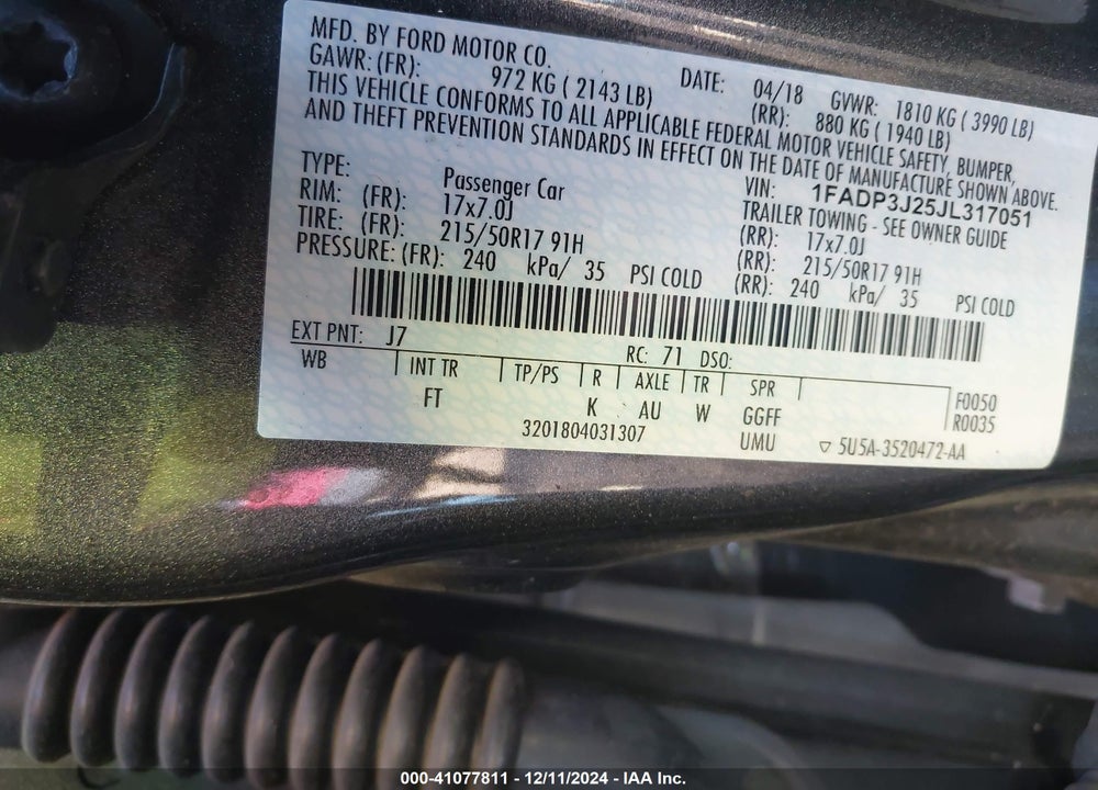 2018 FORD FOCUS VIN: 1FADP3J25JL317051