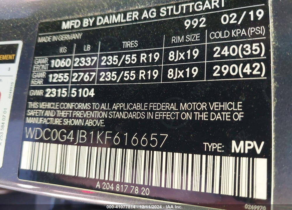 2019 MERCEDES-BENZ GLC 300 VIN: WDC0G4JB1KF616657