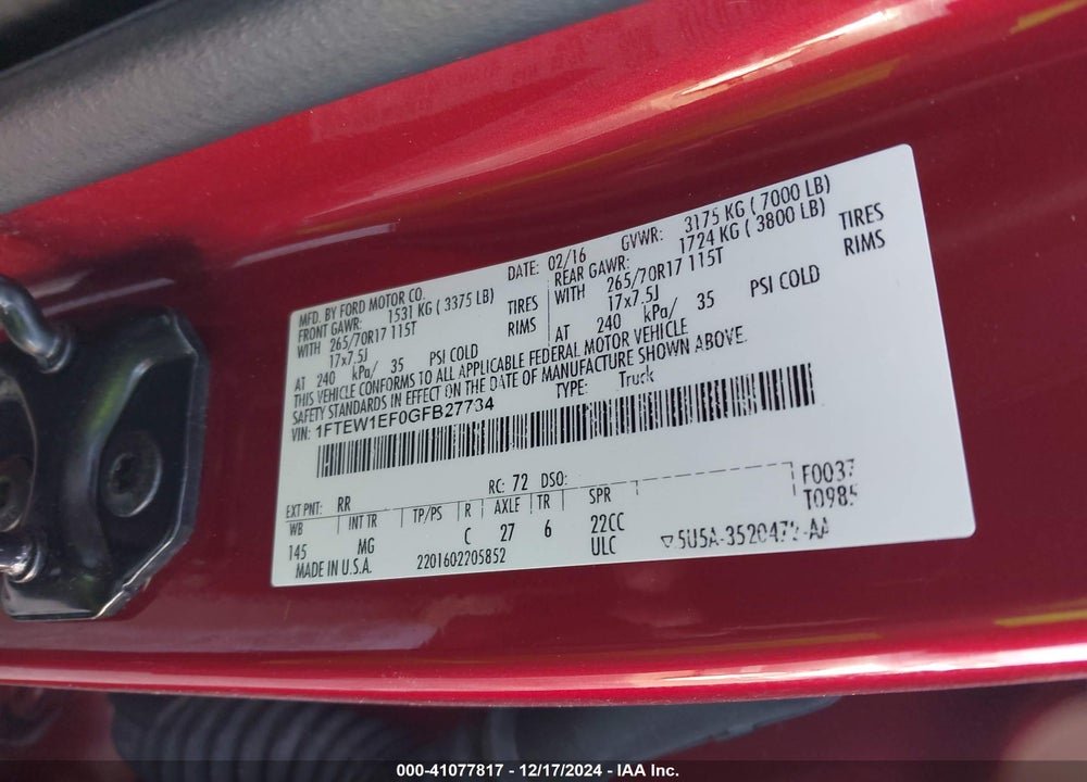 2016 FORD F150 VIN: 1FTEW1EF0GFB27734
