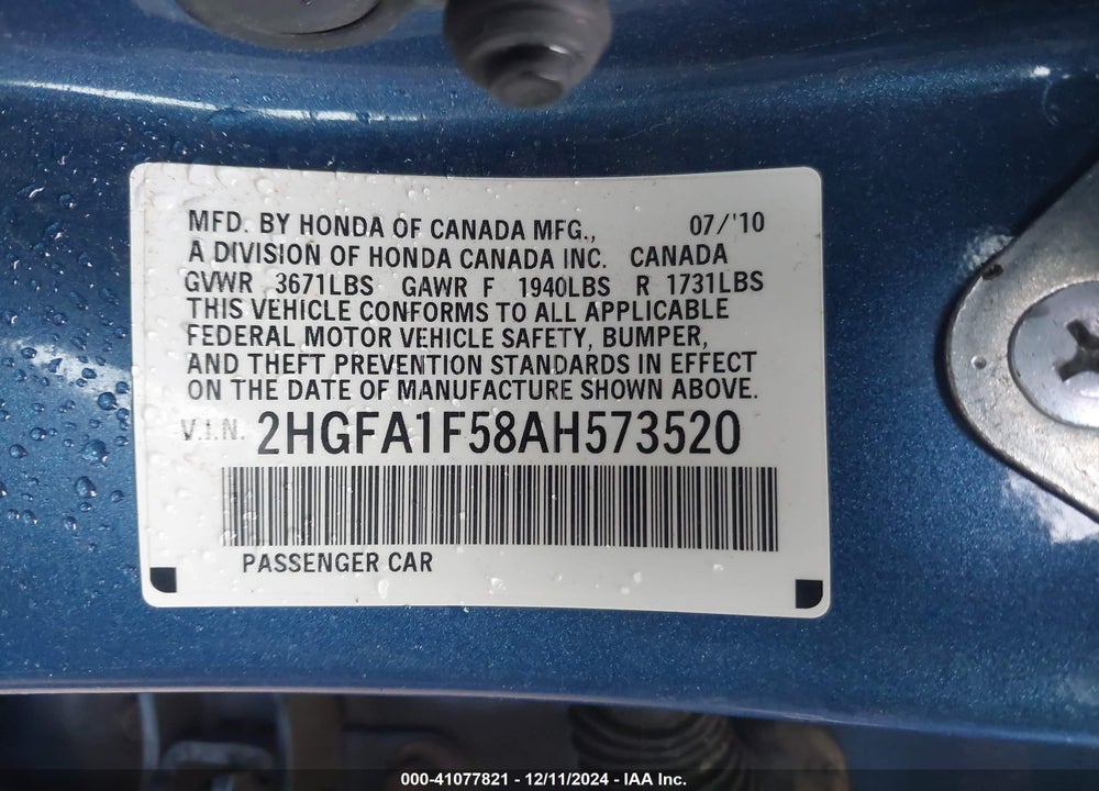 2010 HONDA CIVIC LX VIN: 2HGFA1F58AH573520
