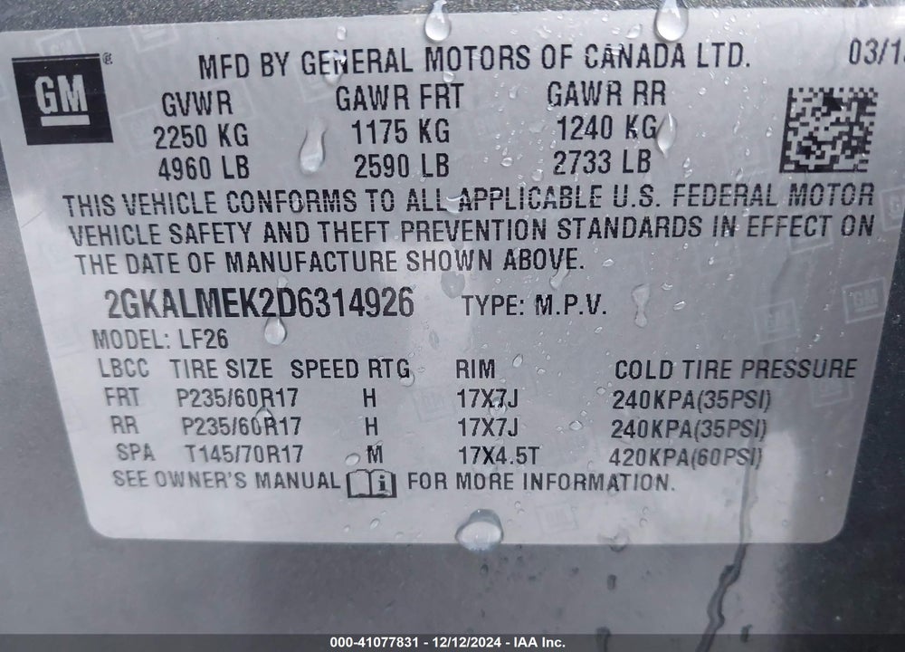 2013 GMC TERRAIN SLE-1 VIN: 2GKALMEK2D6314926