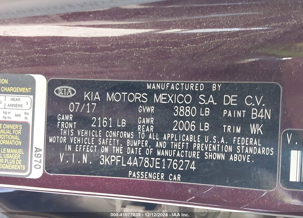 2018 KIA FORTE VIN: 3KPFL4A78JE176274