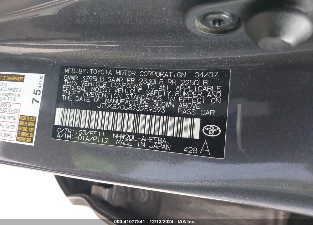 2007 TOYOTA PRIUS VIN: JTDKB20U873259393