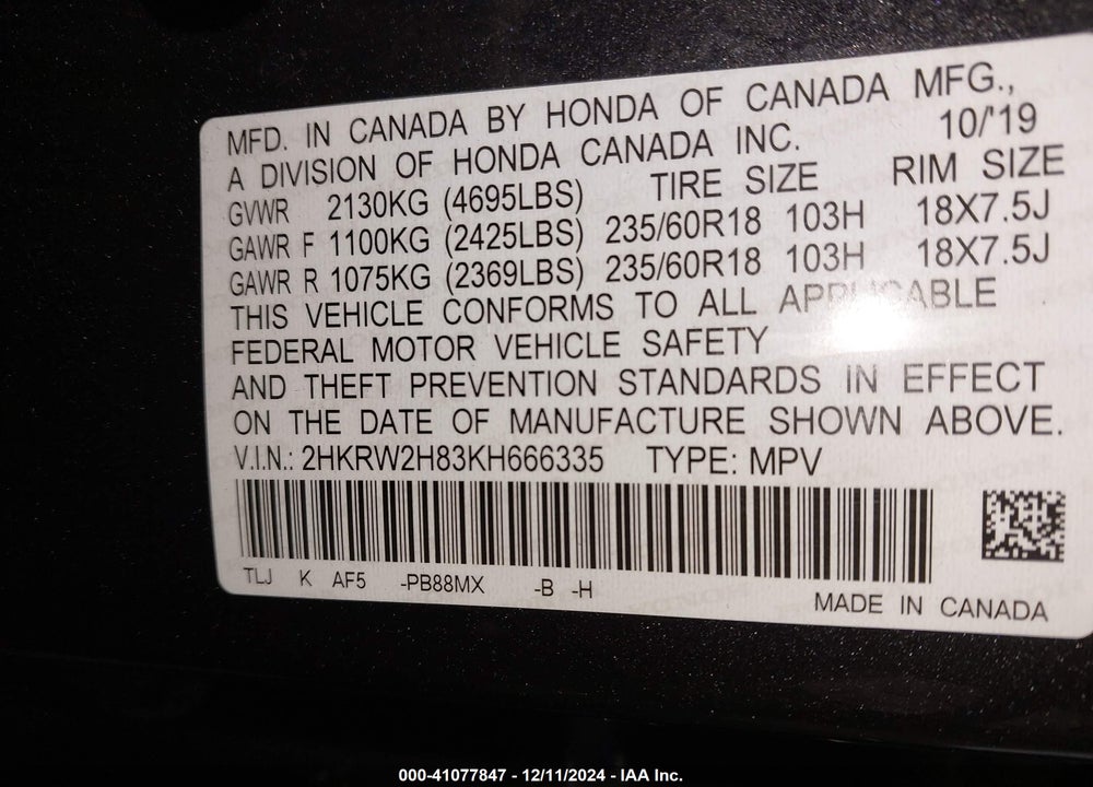 2019 HONDA CR-V EX-L VIN: 2HKRW2H83KH666335