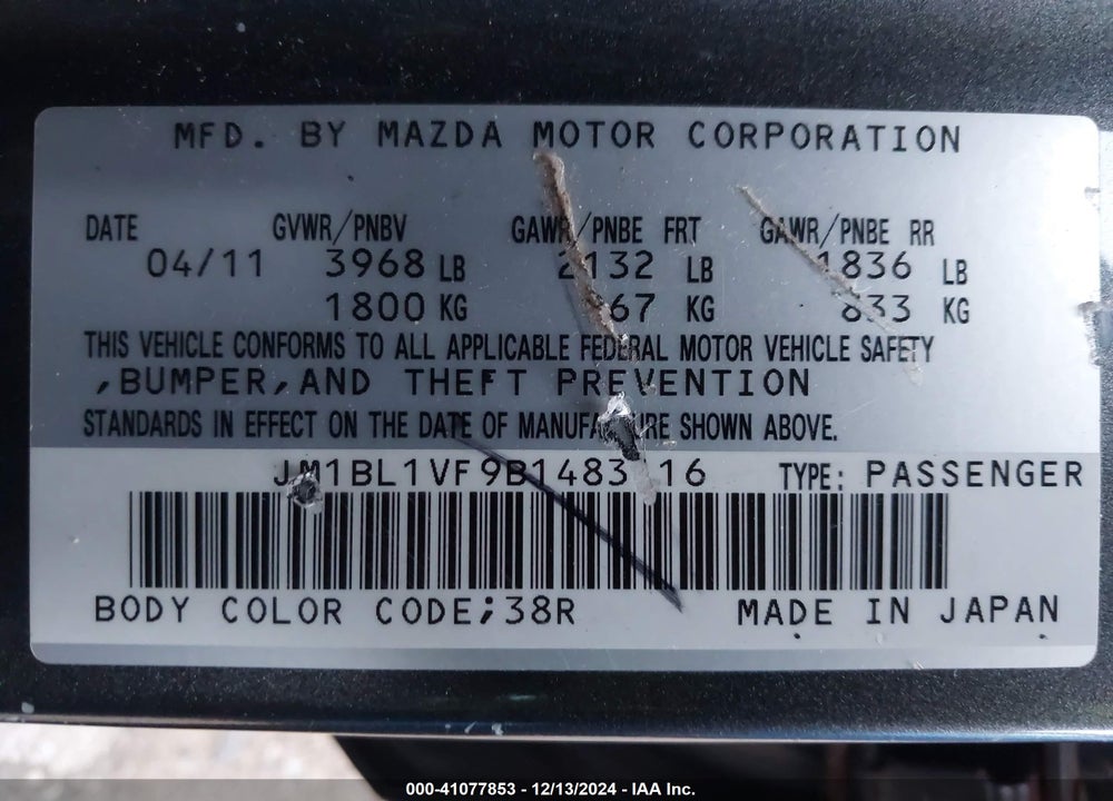 2011 MAZDA 3 I TOURING VIN: JM1BL1VF9B1483116