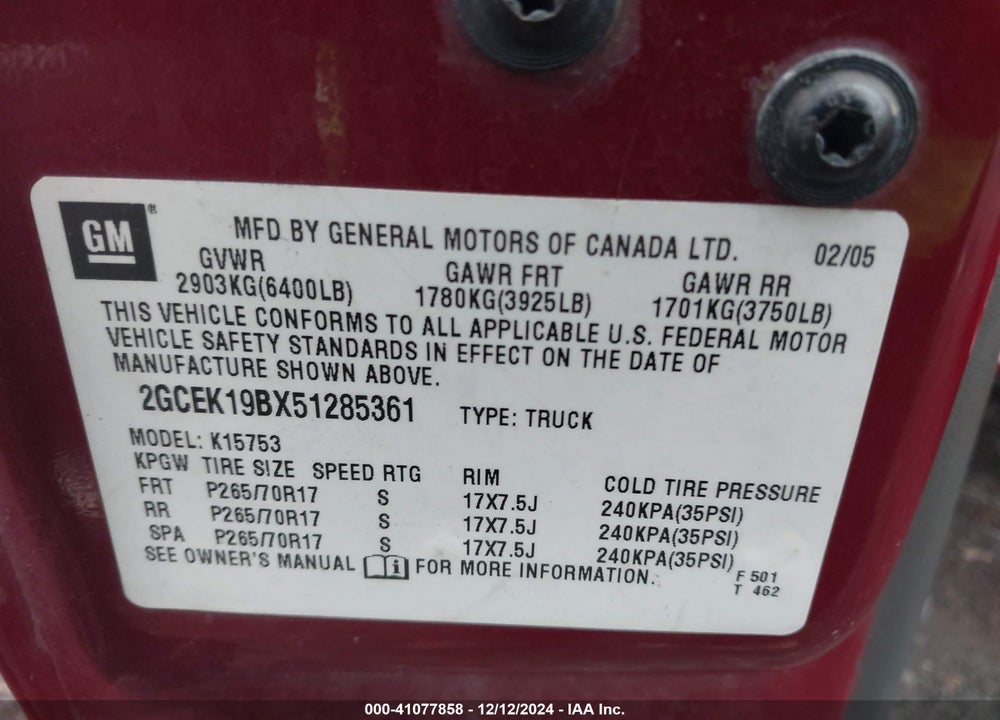 2005 CHEVROLET SILVERADO 1500 Z71 VIN: 2GCEK19BX51285361