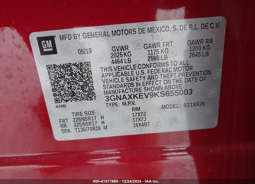 2019 CHEVROLET EQUINOX VIN: 3GNAXKEV9KS655003