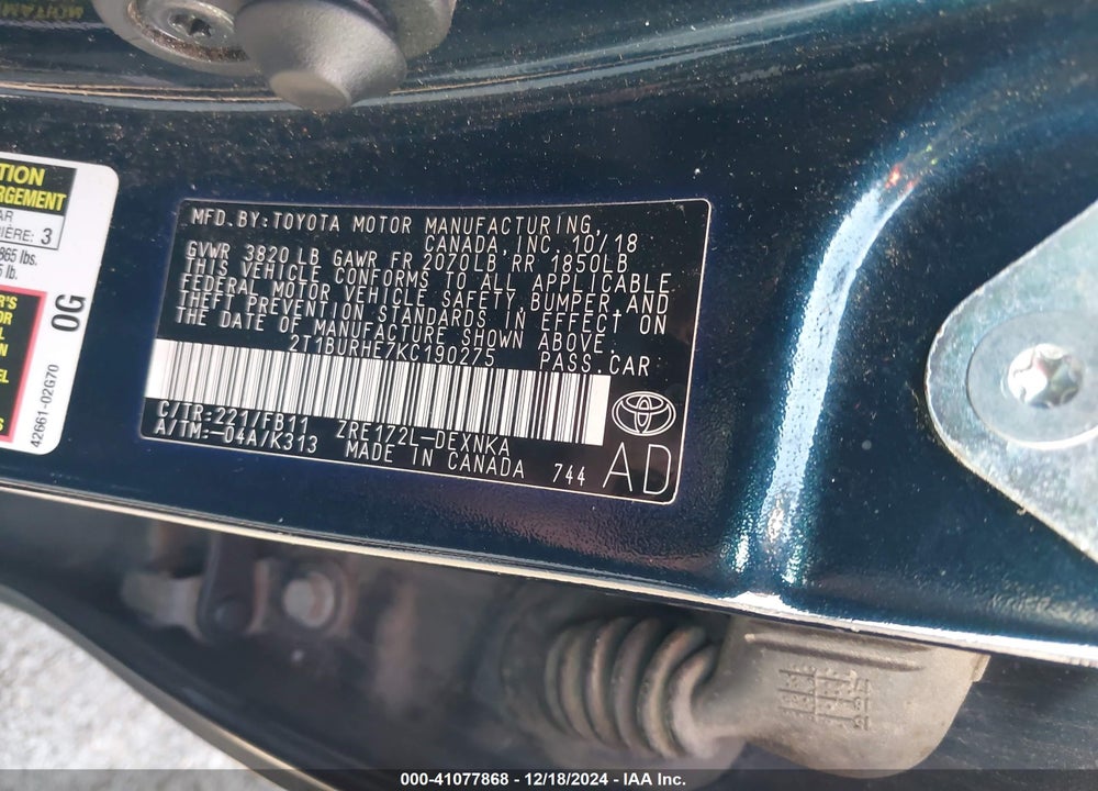2019 TOYOTA COROLLA VIN: 2T1BURHE7KC190275