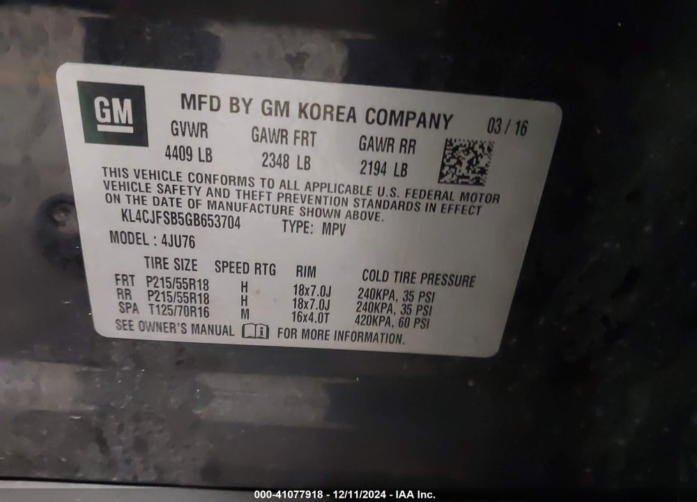 2016 BUICK ENCORE CONVENIENCE VIN: KL4CJFSB5GB653704