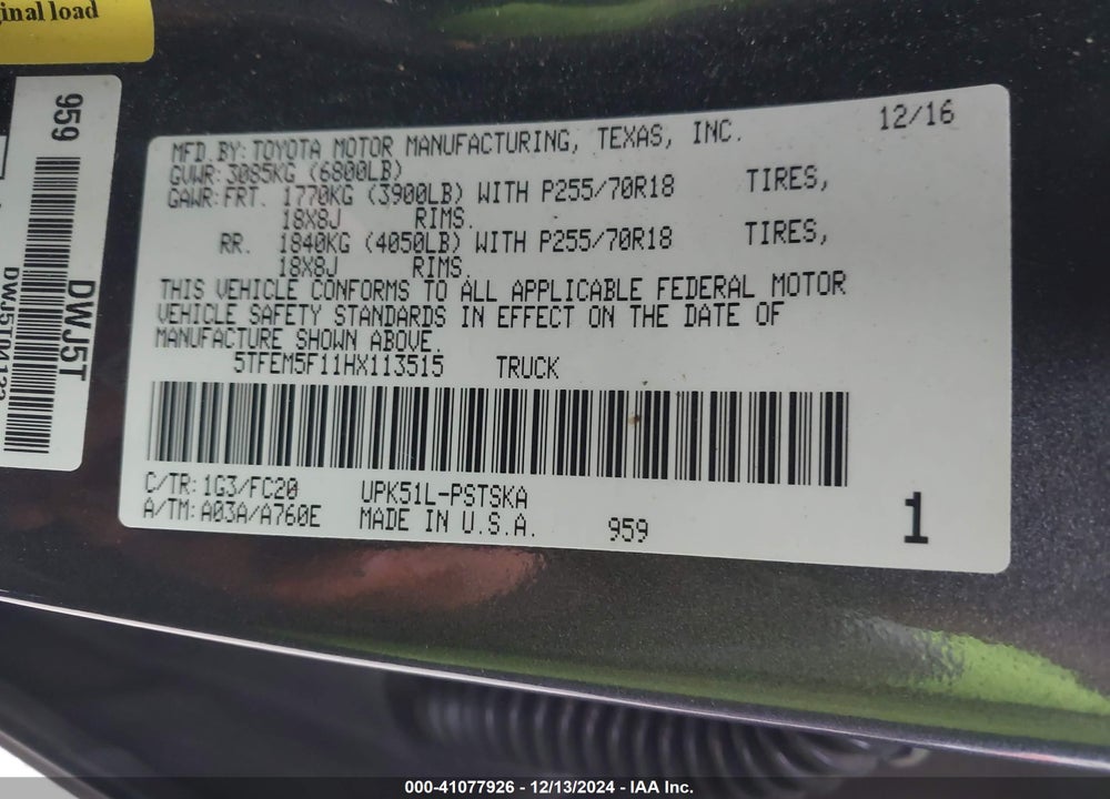 2017 TOYOTA TUNDRA SR5 4.6L V8 VIN: 5TFEM5F11HX113515