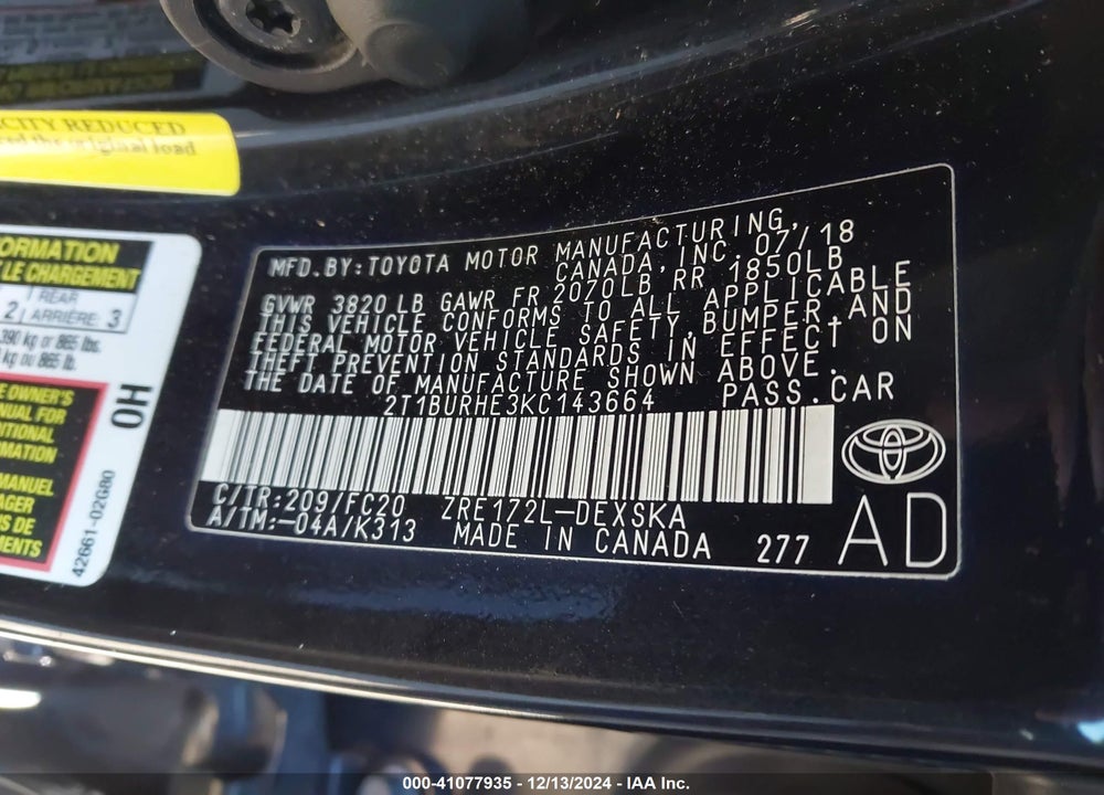 2019 TOYOTA COROLLA SE VIN: 2T1BURHE3KC143664