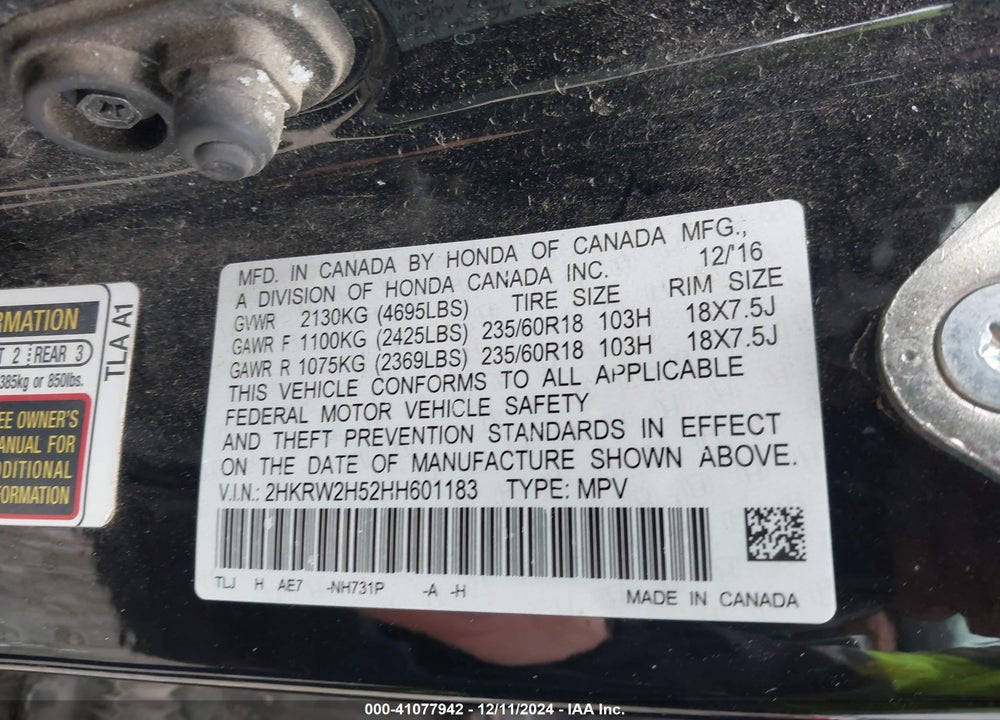 2017 HONDA CR-V EX VIN: 2HKRW2H52HH601183