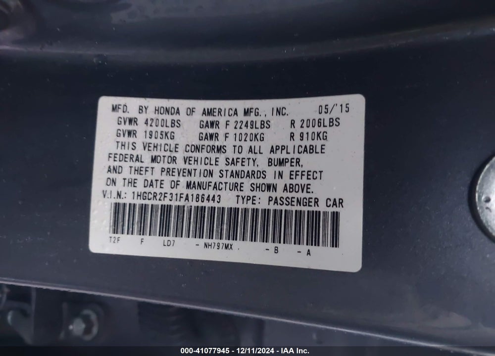 2015 HONDA ACCORD LX VIN: 1HGCR2F31FA186443