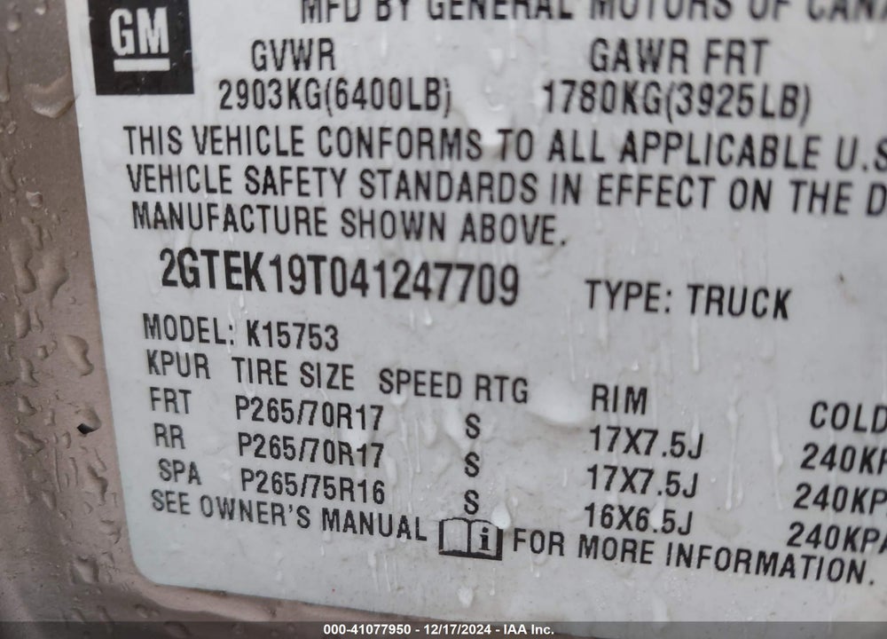 2004 GMC SIERRA 1500 SLE VIN: 2GTEK19T041247709