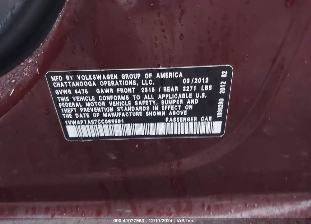 2012 VOLKSWAGEN PASSAT 2.5L S VIN: 1VWAP7A37CC065591