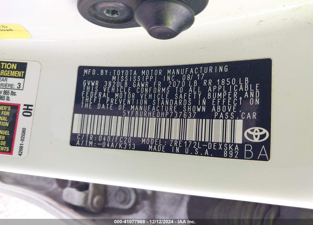 2017 TOYOTA COROLLA VIN: 5YFBURHE0HP737637