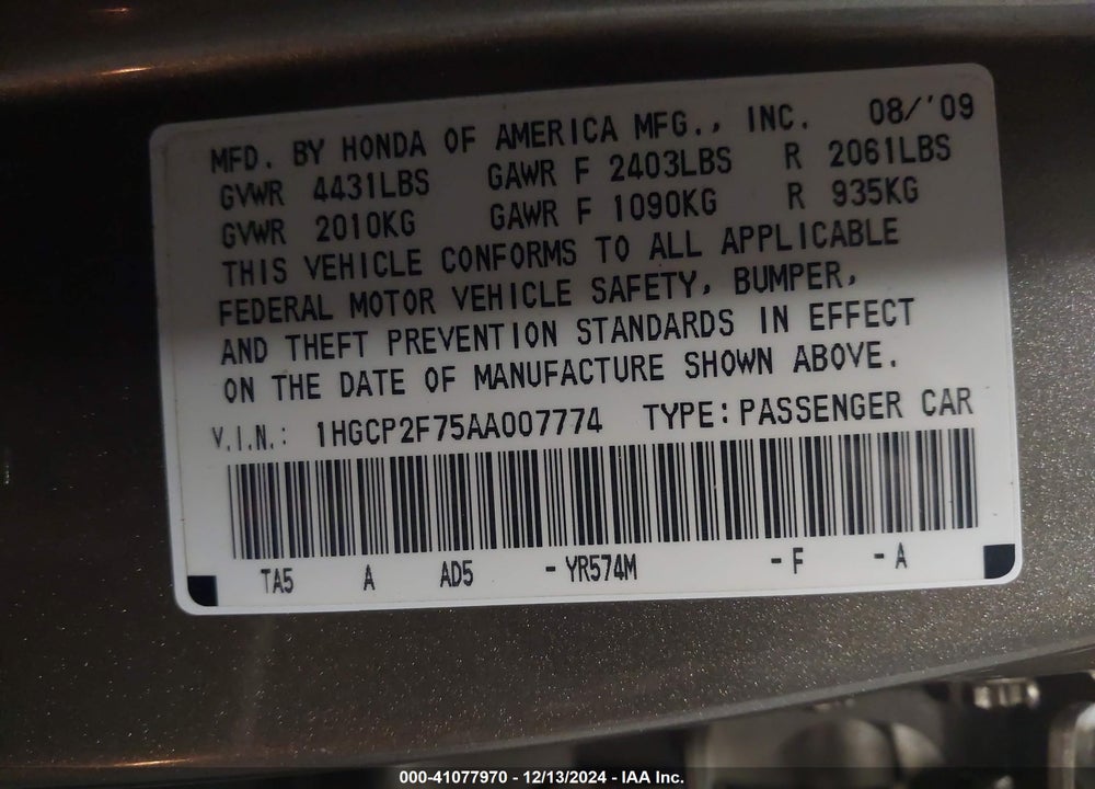 2010 HONDA ACCORD 2.4 EX VIN: 1HGCP2F75AA007774